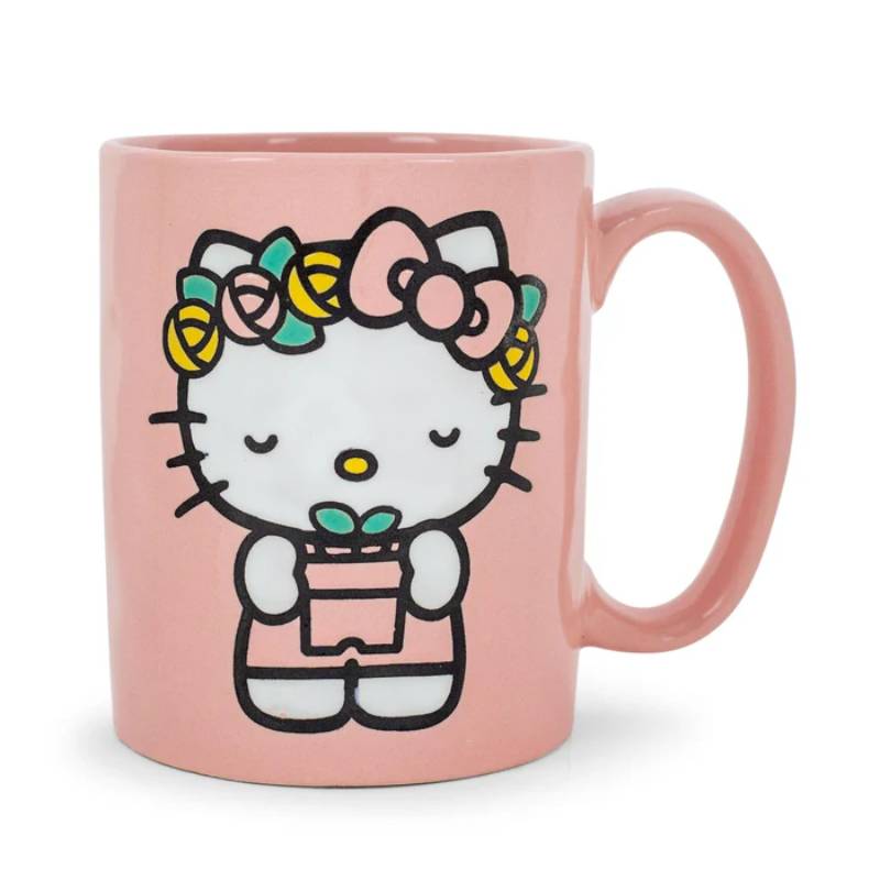 Sanrio Hello Kitty Flower Badge Wax Resist 18 oz Ceramic Pottery Mug - Pink