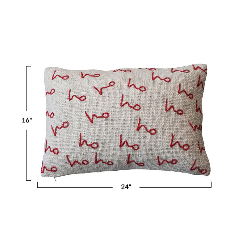 Creative Co-op Lumbar Pillow with Embroidered "Ho Ho Ho" Pattern- Natural/Red
