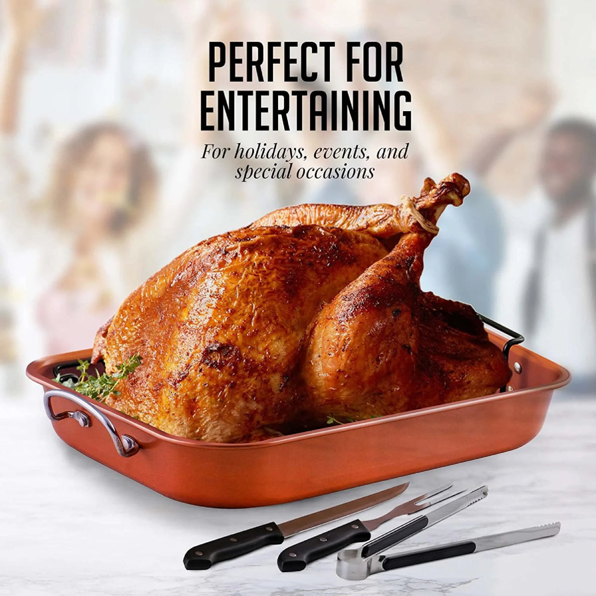 Ovente CWR24619CO Non-Stick Roasting Pan with Carving Knife Set - brown