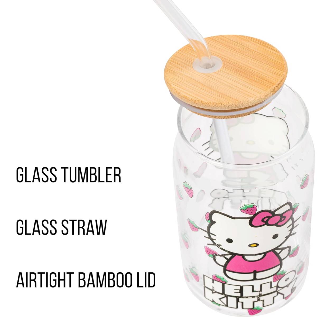 Sanrio Hello Kitty 16 oz Strawberry Toss Glass Tumbler with Lid and Straw - Multicolor