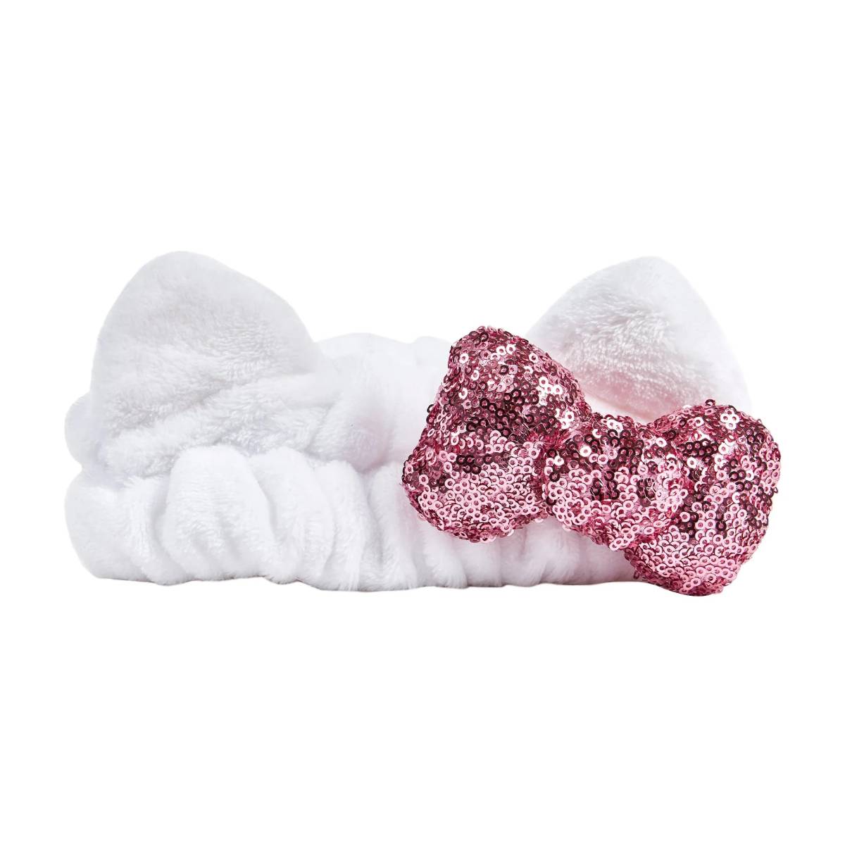 The Creme Shop Plush Spa Headband with Hello Kitty's Signature Bow - White/Pink Sequin Bow