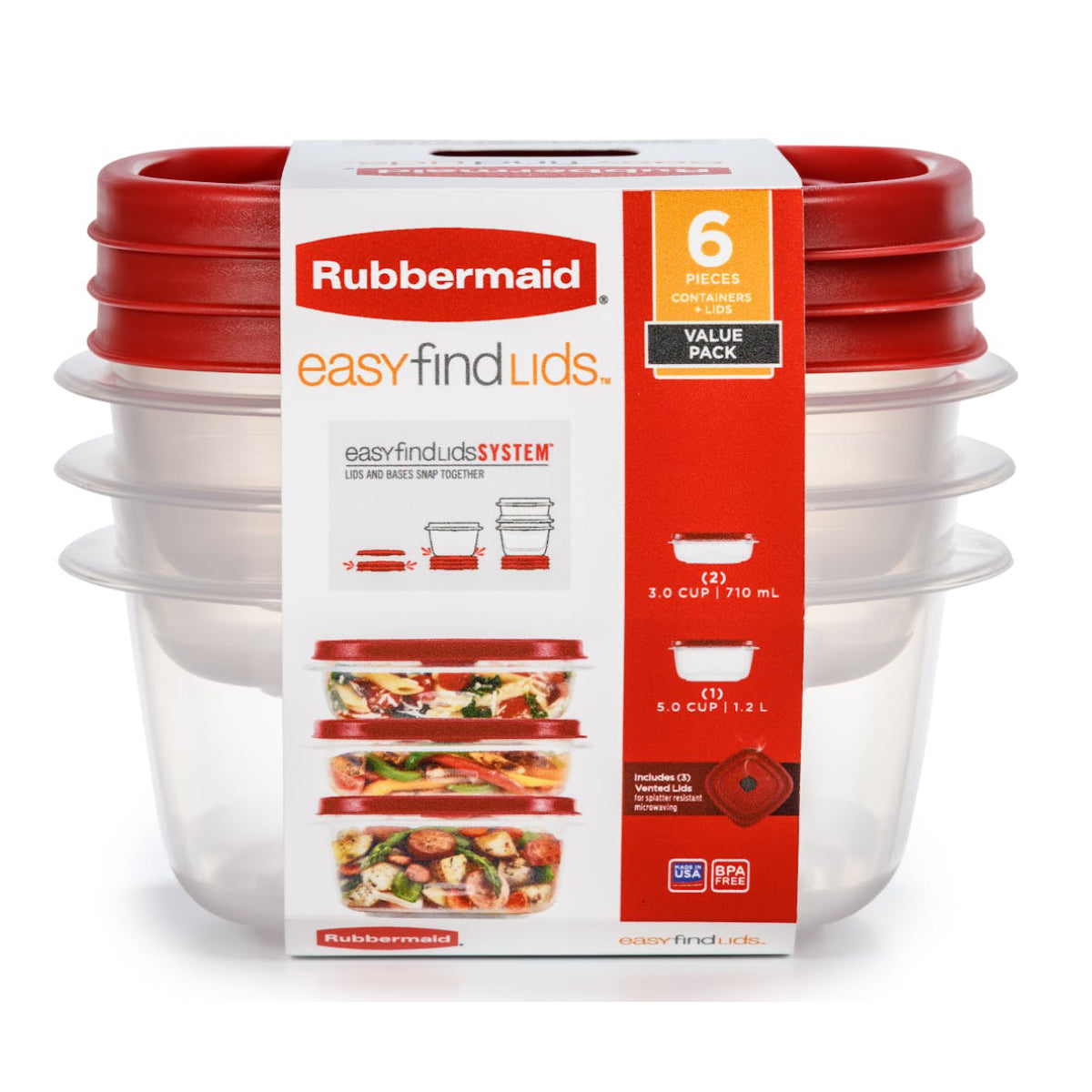 Rubbermaid EasyFindLids Food Storage Containers with Vented Lids (3-Piece) - Red