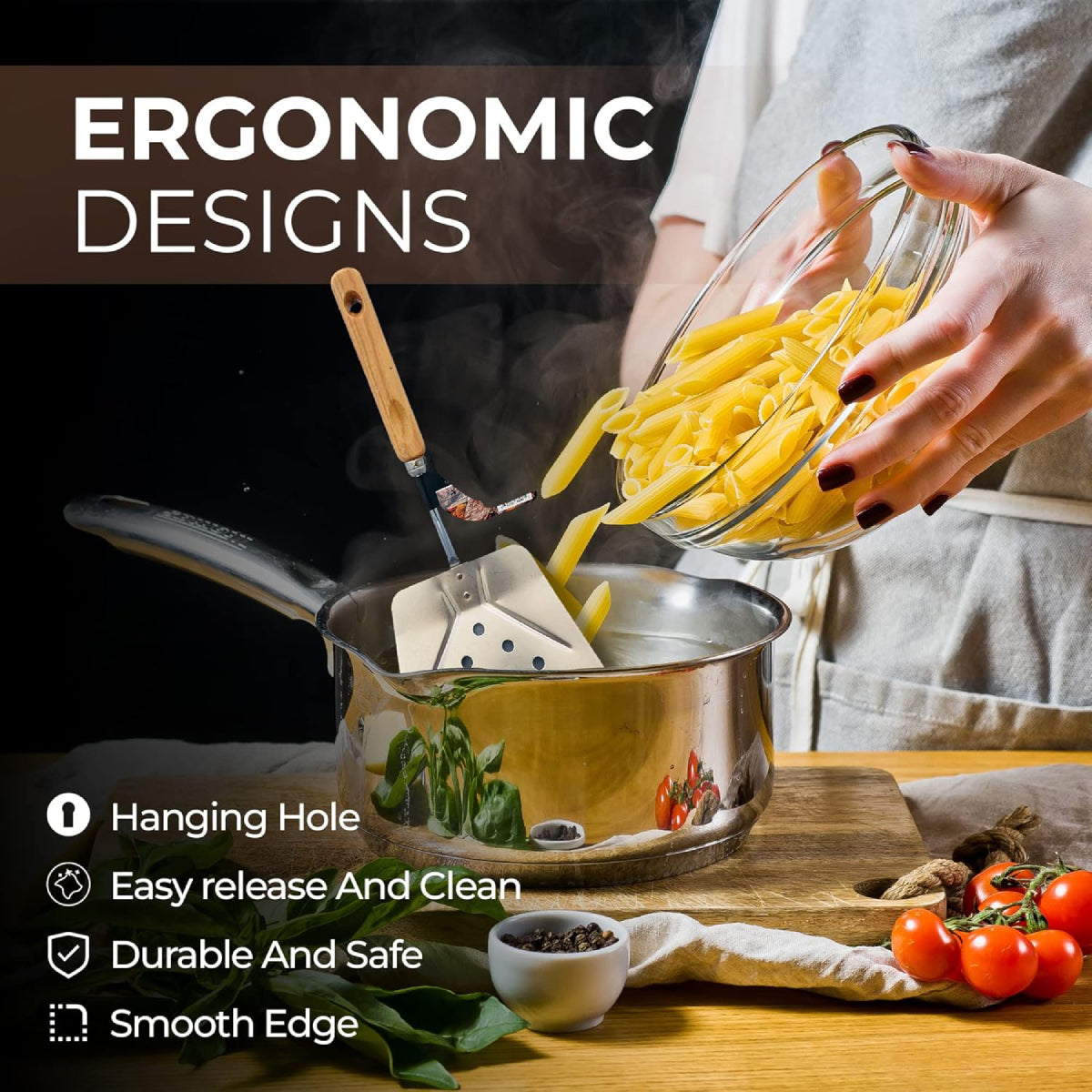 Alpine Cuisine 12" Slotted Spatula with Wood Handle - Brown/Silver