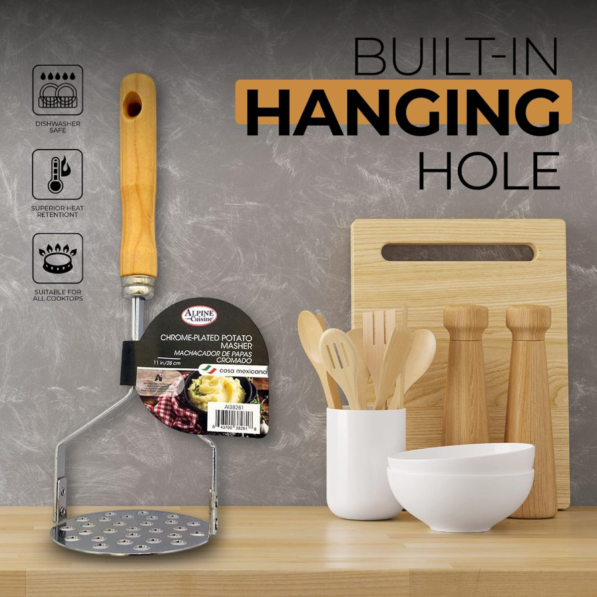 Alpine Cuisine 11" Plate Potato Masher with Bamboo Wood Handle - Brown/Silver