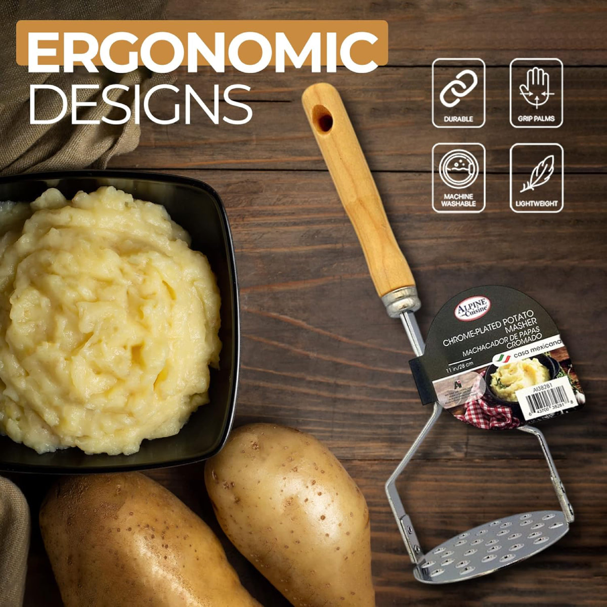 Alpine Cuisine 11" Plate Potato Masher with Bamboo Wood Handle - Brown/Silver