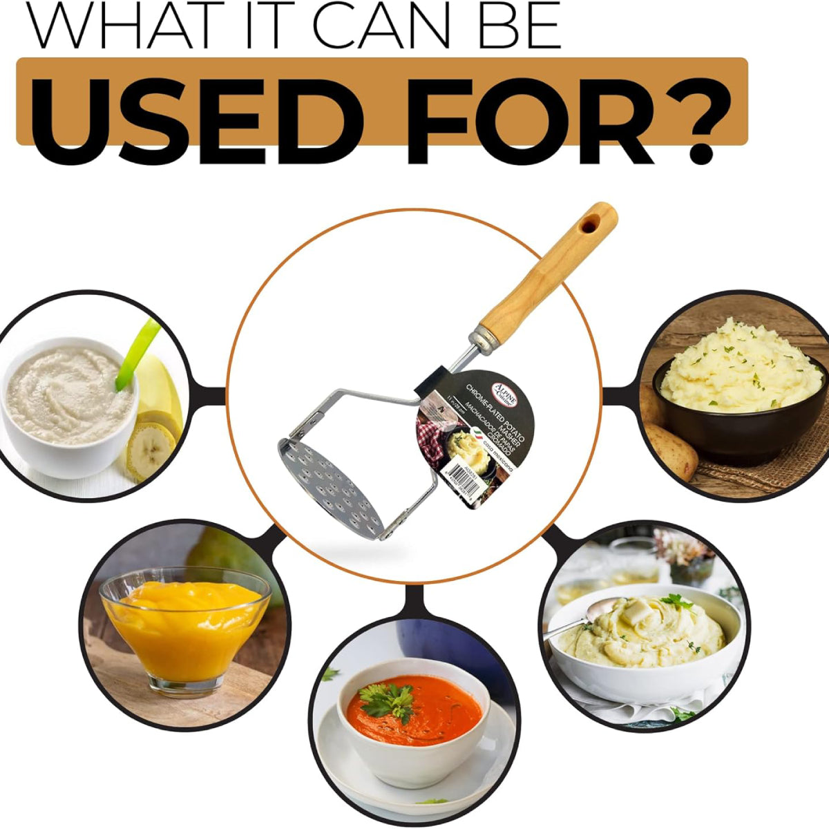 Alpine Cuisine 11" Plate Potato Masher with Bamboo Wood Handle - Brown/Silver