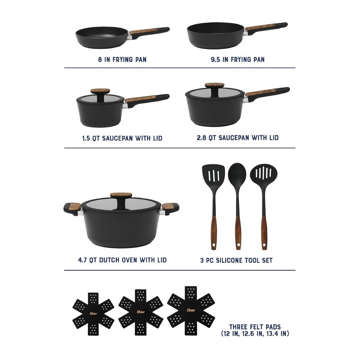 Oster Platinum Oxburg Cookware Set (14 Pieces) - Black