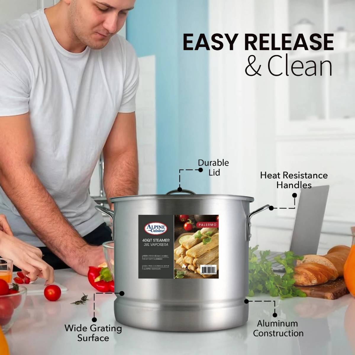 Alpine Cuisine Steamer Stock Cooking Pot with Lid - Silver