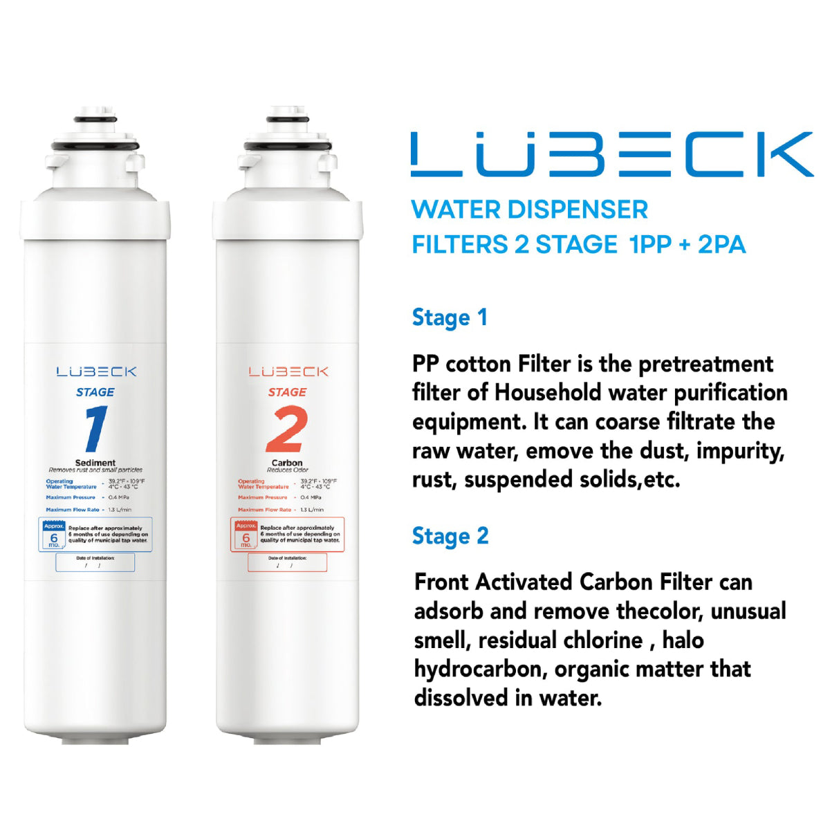Bundle: Lubeck Bottleless Water-Cooler Dispenser with 2 Water filter + Stage 1,2 PP Fibre and Pre-Active Water Filters