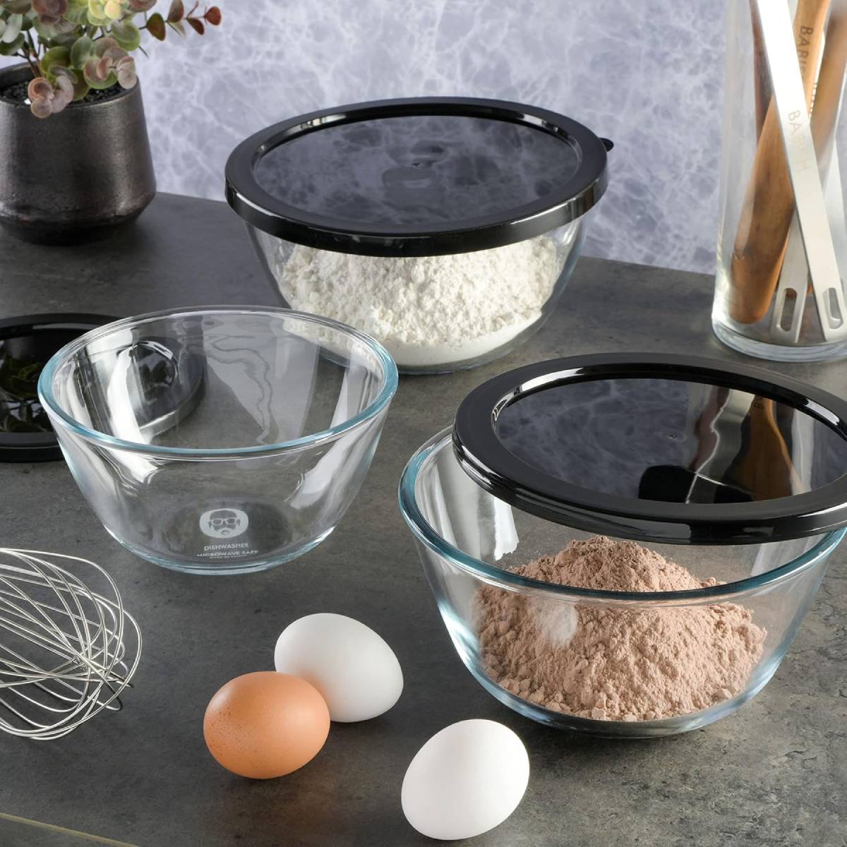 Babish Mixing Bowl Set with Lids (3-Pieces) - Clear/Black