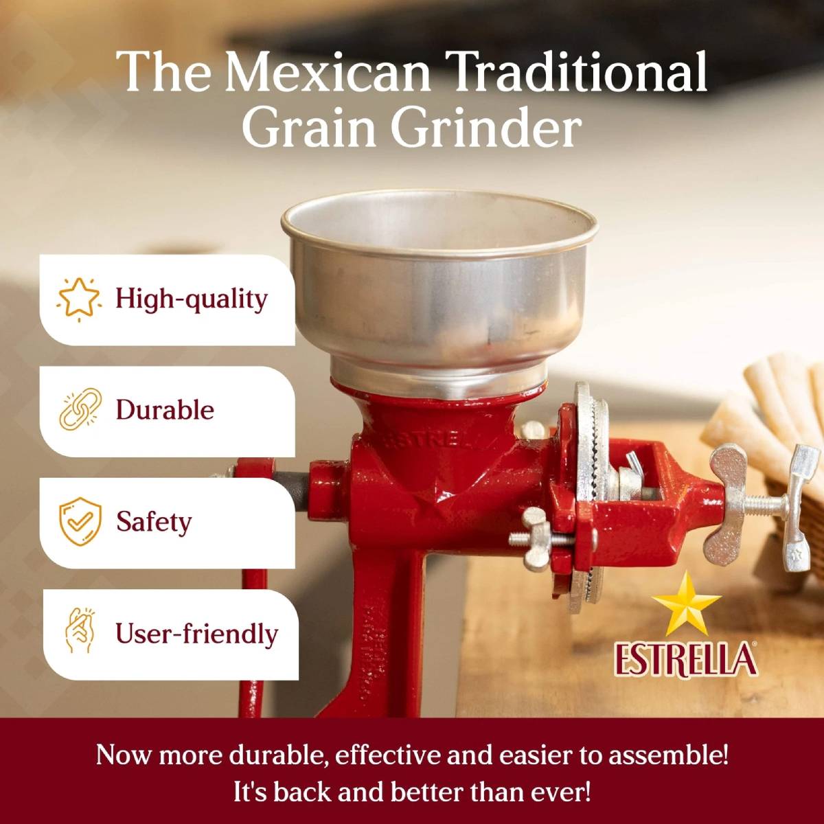 Estrella Molino Corn Grinder with Hopper - Red