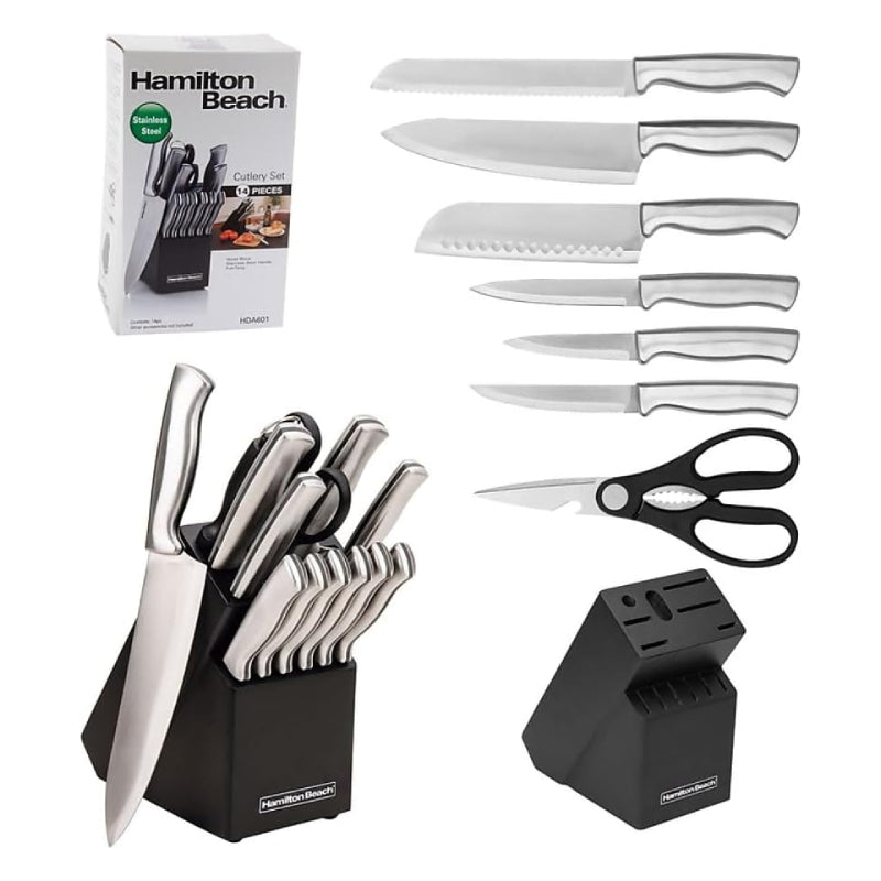 Hamilton Beach Cutlery Set with Wood Holder (14-Piece) - Silver/Black