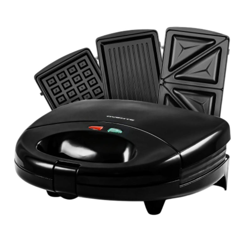 Ovente GPI202B 3-in-1 Electric Sandwich Maker with Non-Stick Waffle Grill Plates - Black