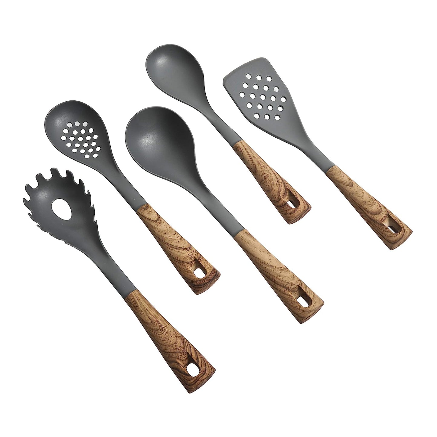 Oster 112066.05 Everwood Kitchen Nylon Tools Set with Wood Inspired Handles (5-Piece) - Gray - Curacao