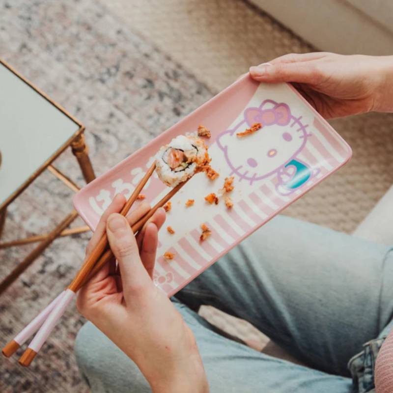 Sanrio Hello Kitty Pink Ceramic Sushi Set With Sauce Bowl and Chopsticks (3 Piece)