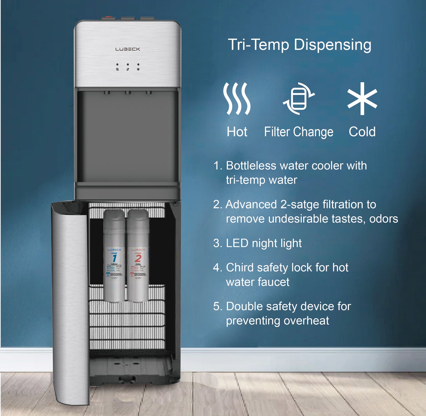Lubeck Bottleless Water-Cooler Dispenser - With 2 Water filter