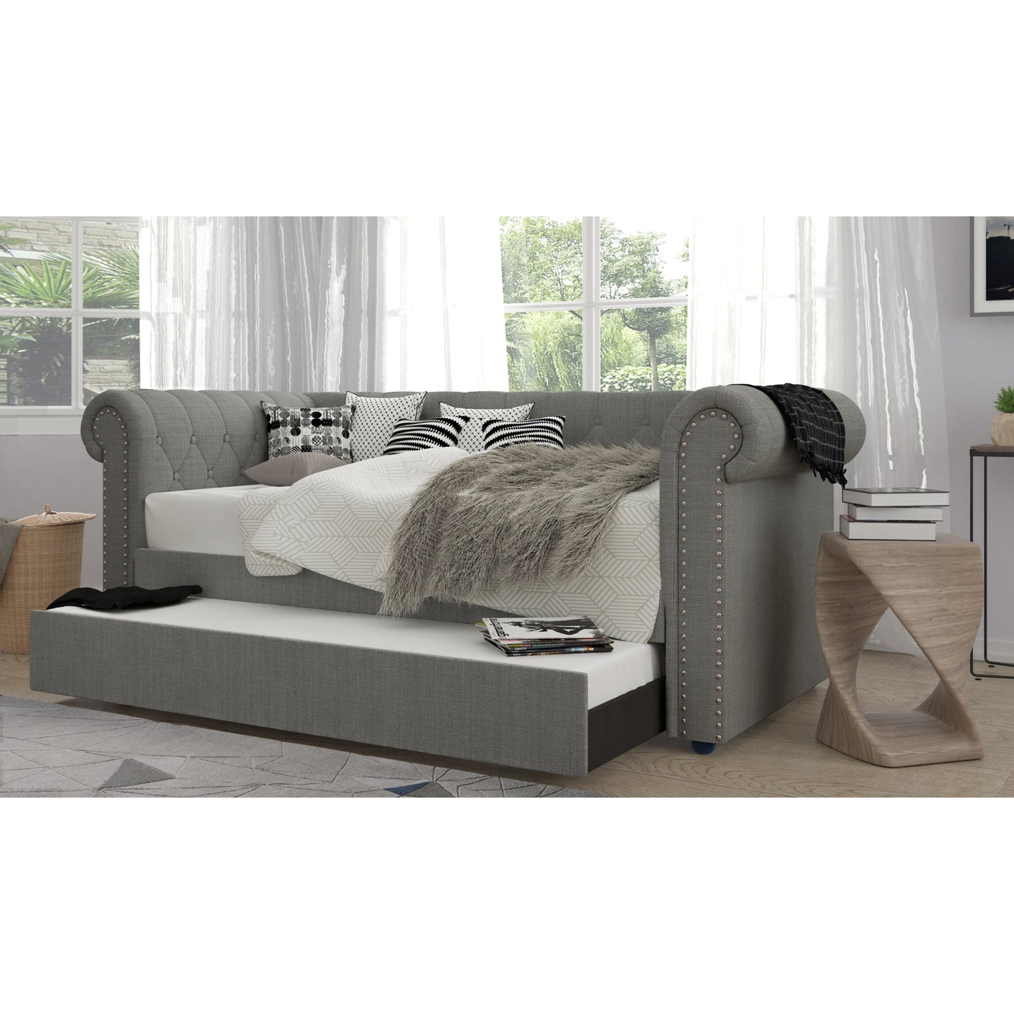 Linen Fabric Tufted Rolled Arm Daybed with Twin Trundle + Arms + Slats + Legs and Side Panels by MGS