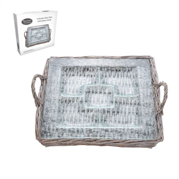 Alpine Cuisine Five Section Glass Plate with Rattan Holder - Curacao