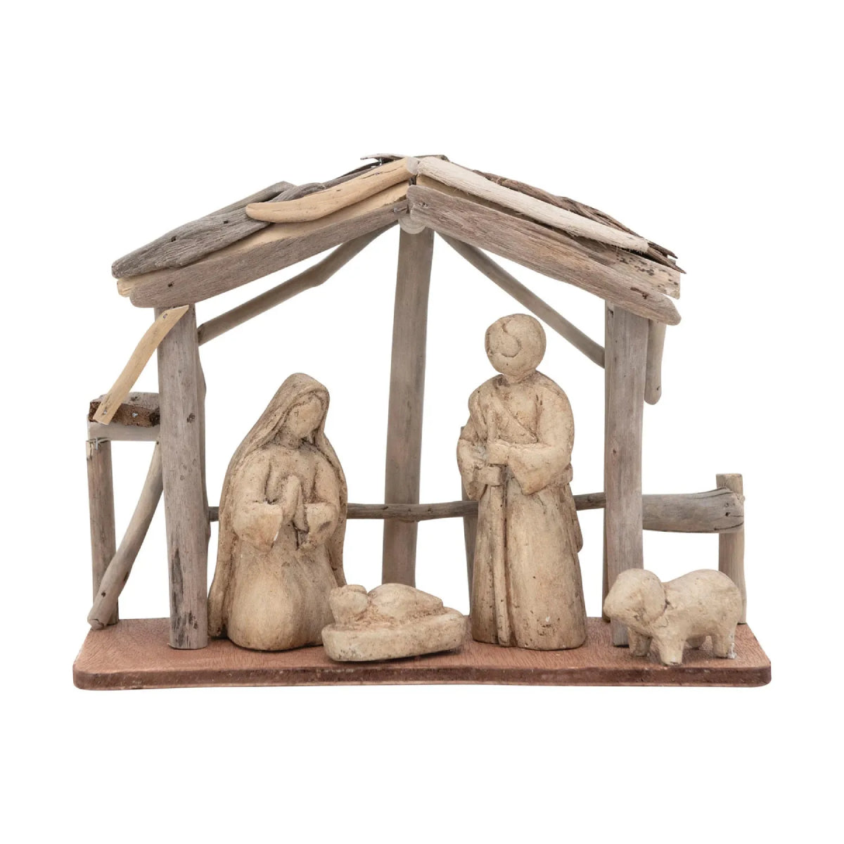 Creative Co-op Driftwood and Paper Mache Nativity with Wood Base - Natural