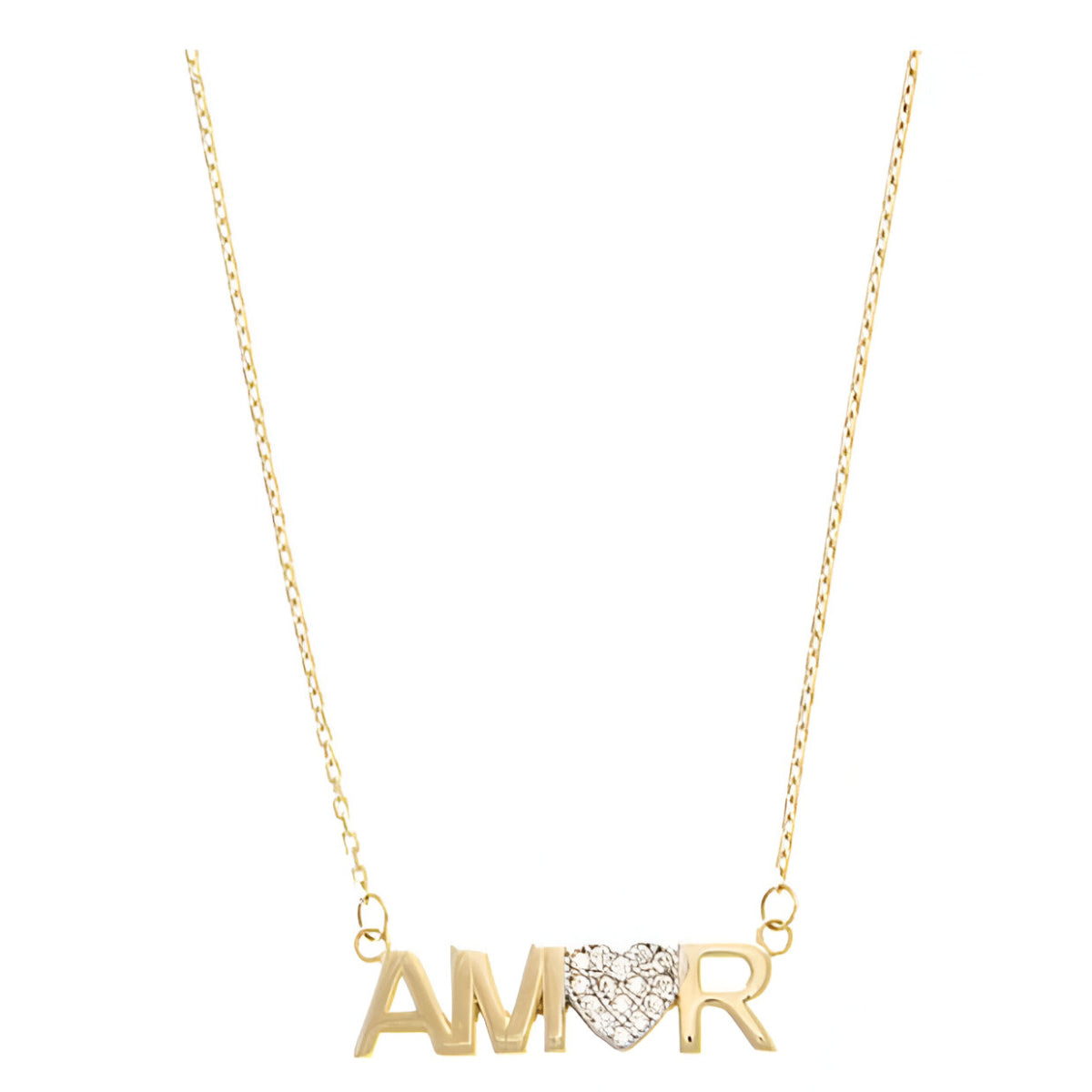 14K Women's 17" Cubic Zirconia AMOR Heart Necklace in 14K Yellow Gold