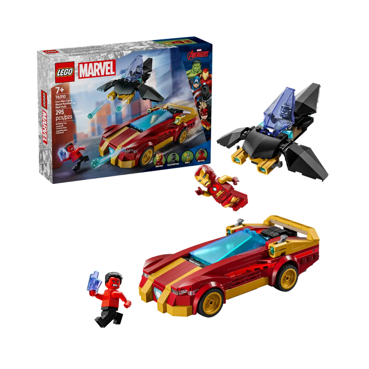 LEGO Marvel Iron Man Car & Black Panther vs Red Hulk Super Hero Building Toy Set (295-Pieces)
