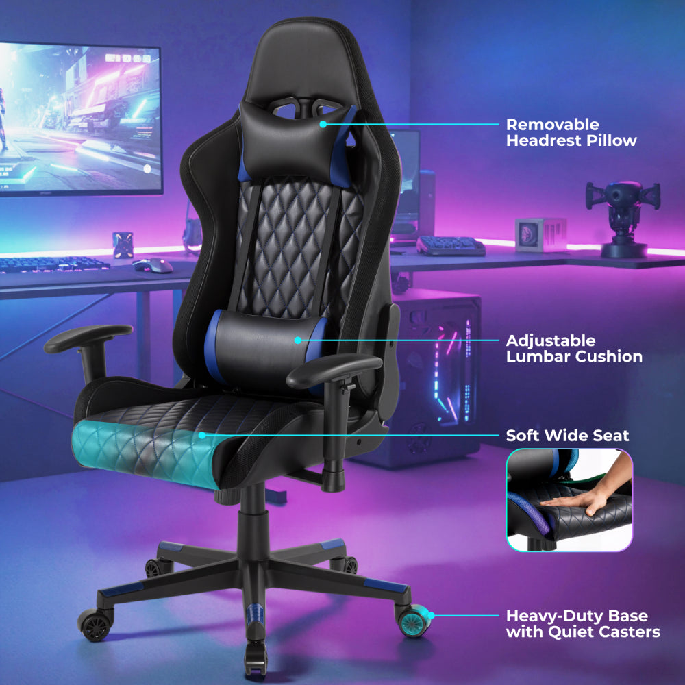 Black Widow Diamond Quilted PU Gaming Chair with Headrest and RGB Lights - Black