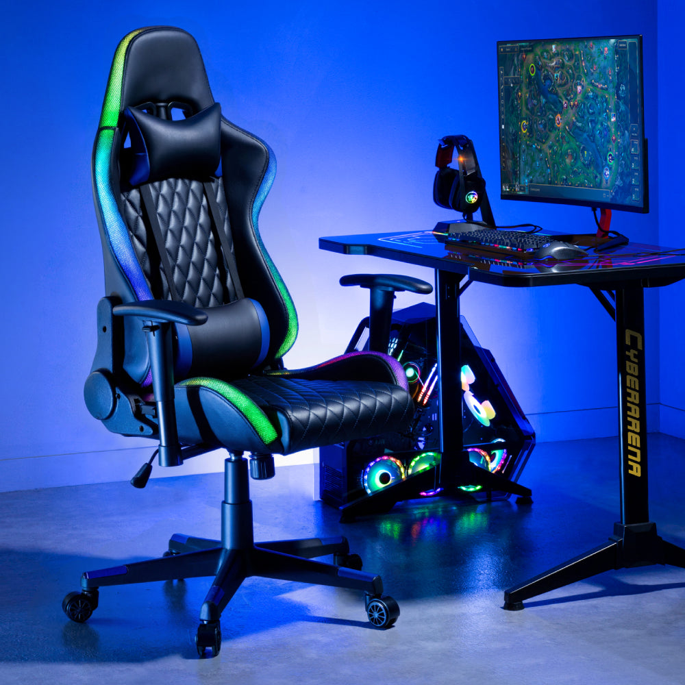Black Widow Diamond Quilted PU Gaming Chair with Headrest and RGB Lights - Black