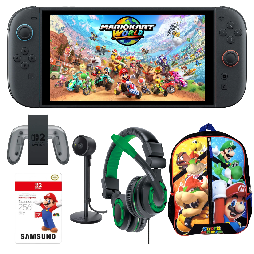 Bundle: Nintendo Switch 2 Gaming Console Mario Kart World Bundle + Samsung 256GB microSD Express Card + Super Mario Bros 16" Backpack + Switch 2 Camera + Joy-Con 2 Charging Grip + DreamGear Gaming Headset