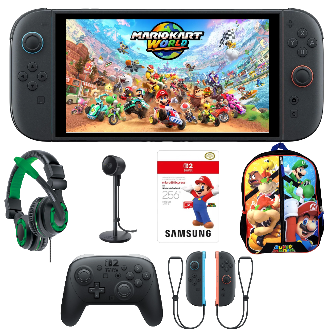 Bundle: Nintendo Switch 2 Mario Kart World Bundle + Switch 2 Pro Controller + Switch 2 Camera + Samsung 256GB microSD Express Card + Super Mario Bros 16" Backpack + Switch 2 Joy-Con