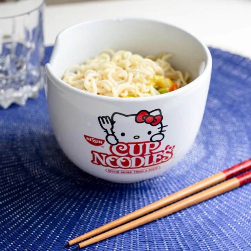 Sanrio Hello Kitty Cup Noodles 20 oz Ceramic Ramen Bowl with Chopsticks - White