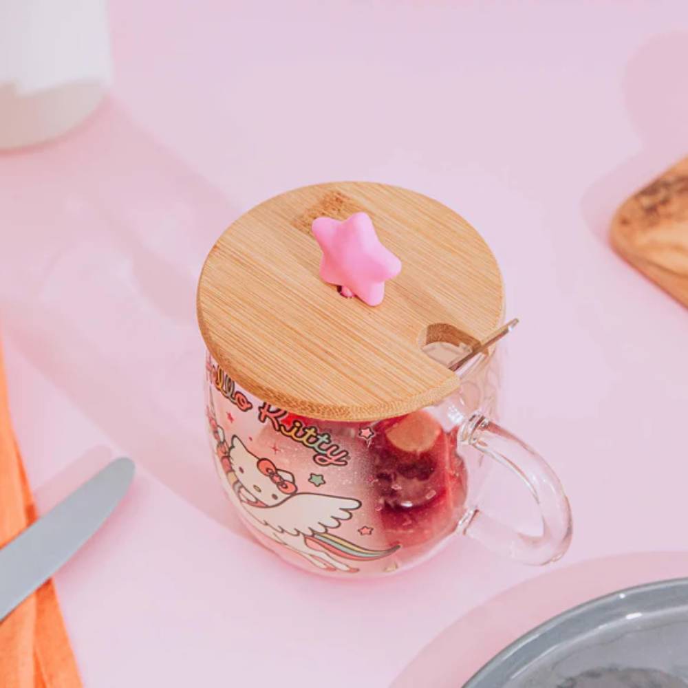 Sanrio Hello Kitty 17 oz Glass Mug With Star Topper Lid and Spoon - Multicolor