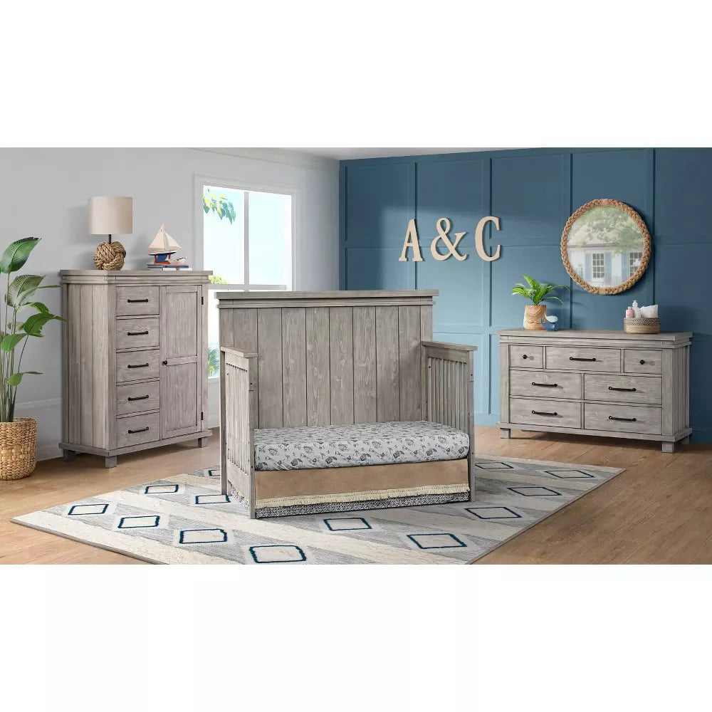 Bundle: Soho Baby Hampton Stone Wash 4-in-1 Convertible Crib + Bedtime Originals Roar Dinosaur Wall Decals + Crib Bedding Set (3 Pieces) + Fitted Crib Sheet