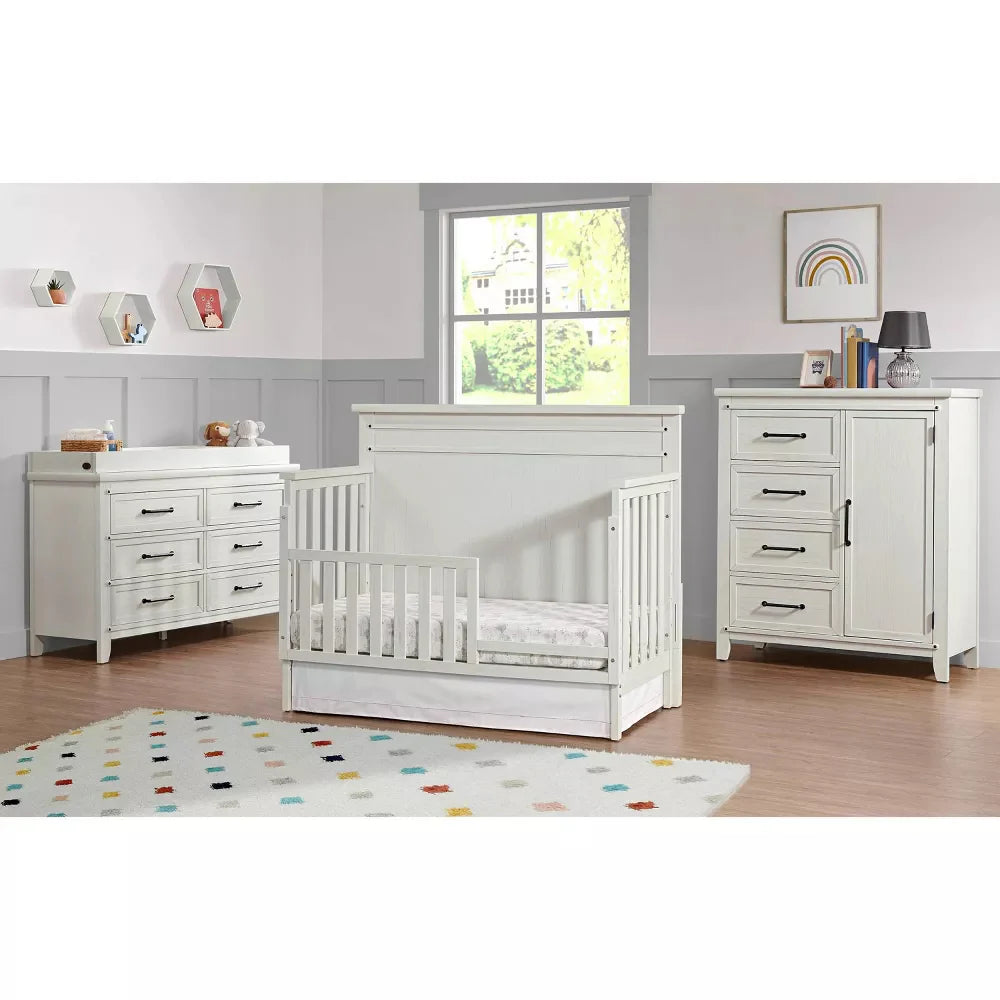 Bundle: Soho Baby Ellison Rustic White 4-in-1 Convertible Crib + Bedtime Originals Rainbow Unicorn and Fox Musical Baby Crib Mobile + Bedding Set + Diaper Stacker