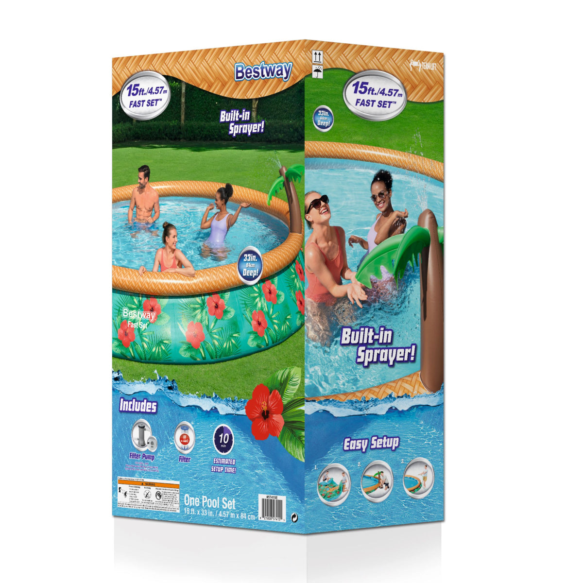 Bestway Fast Set Paradise Palms 15’ X 33” Round Inflatable Pool Set With Sprinkler - Curacao