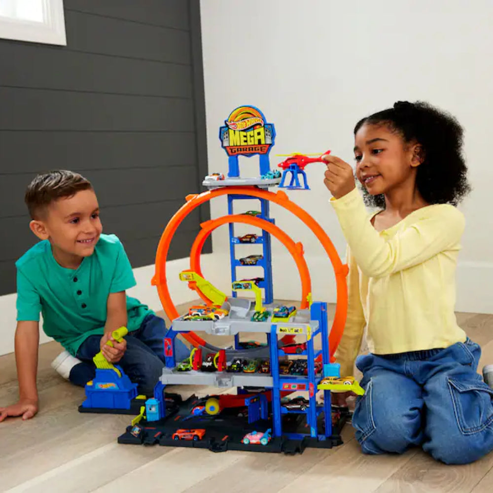 Mattel Hot Wheels Mega Loop Garage Playset with 1 Toy Car and 1 Helicopter