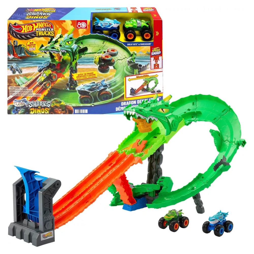 Mattel Hot Wheels Monster Trucks Sharks vs Dinos Dragon Destruction Playset with 2 Toy Trucks