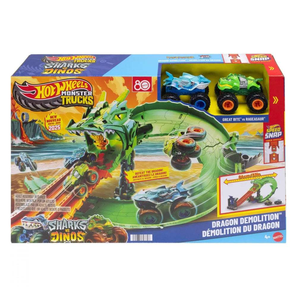 Mattel Hot Wheels Monster Trucks Sharks vs Dinos Dragon Destruction Playset with 2 Toy Trucks