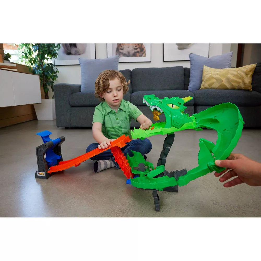 Mattel Hot Wheels Monster Trucks Sharks vs Dinos Dragon Destruction Playset with 2 Toy Trucks