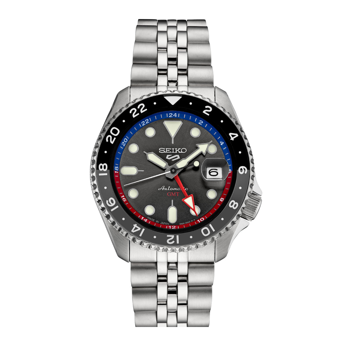 Seiko 5 Sports GMT Series Men's Silver-Tone Bracelet Watch - Charcoal Dial