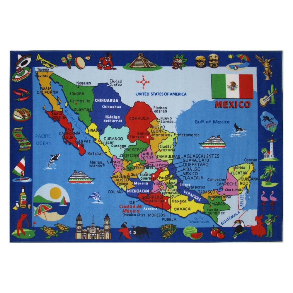 L.A Rugs Fun Time Map of Mexico Rectangular Area Rug - Blue