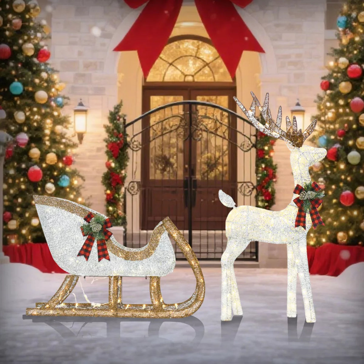 Wovenbyrd Holiday Time Light-Up Deer and Sleigh (Set of 2)