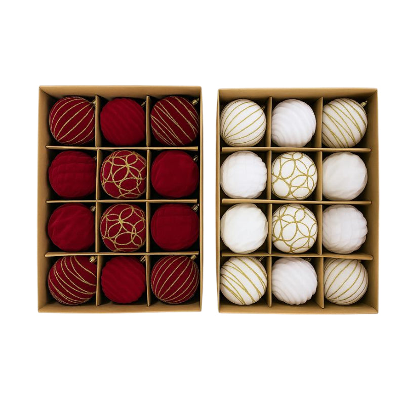 Gansu 3.1" Xmas Flocking Ball Ornament (12-Pieces) - Assortment