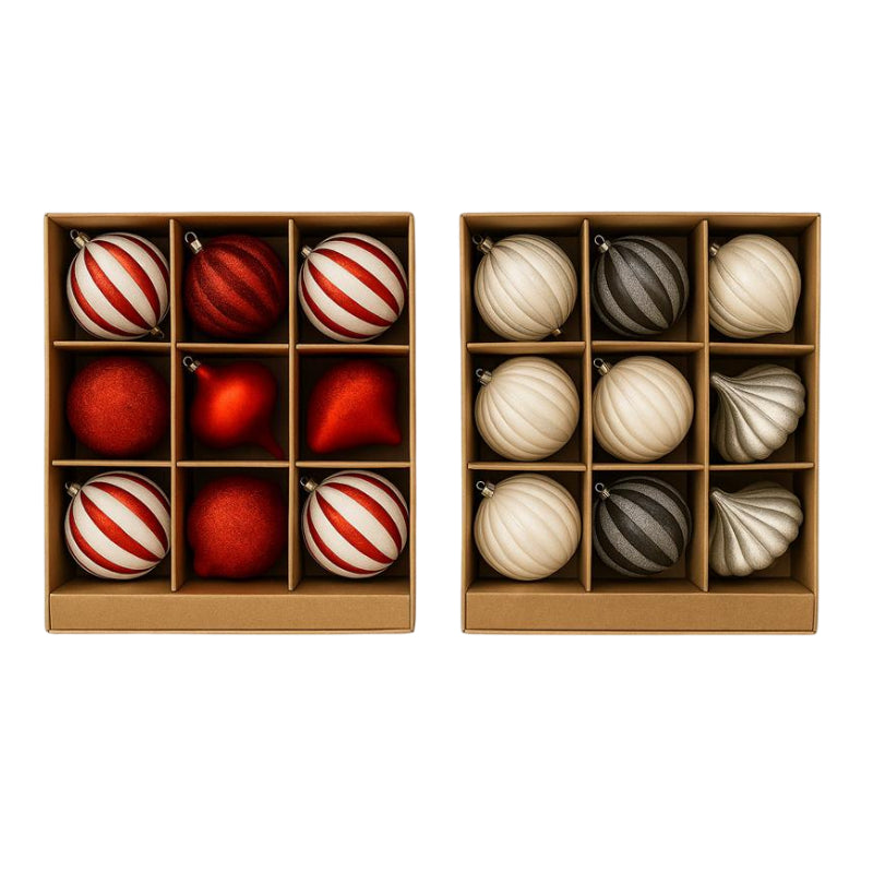 Gansu 3.9" Xmas Striped Flocking Ball Ornament (9-Pieces) - Assortment