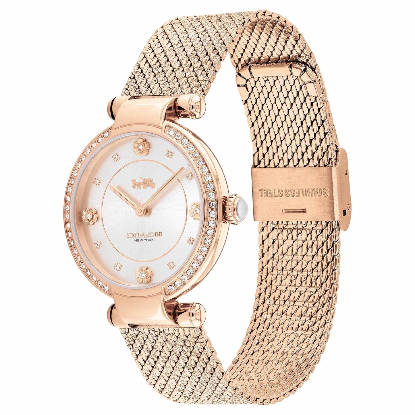 Reloj Coach Cary de 34 mm con esfera en tono blanco con detalles de cristal y pulsera con efecto rayos de sol para mujer, oro rosa