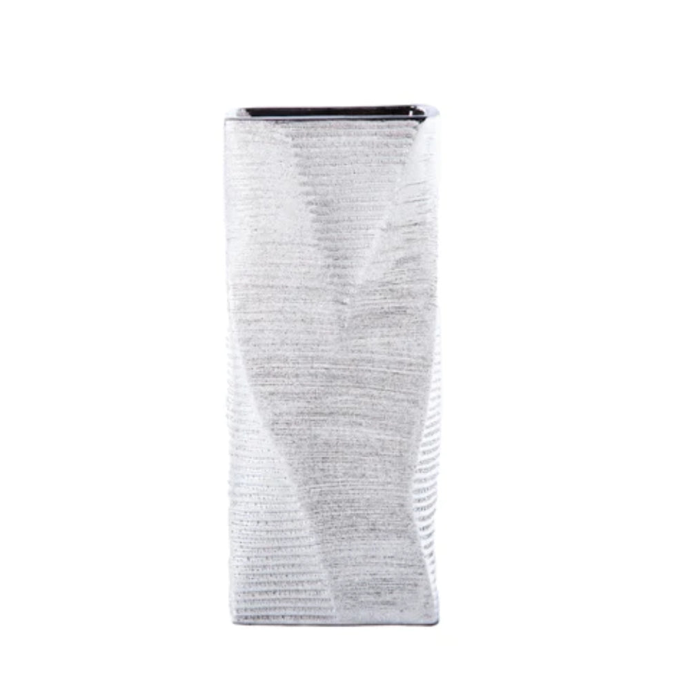 Urban Trends Collection 12" Rectangle Ceramic Vase with Brushed Geometric Pattern - Silver