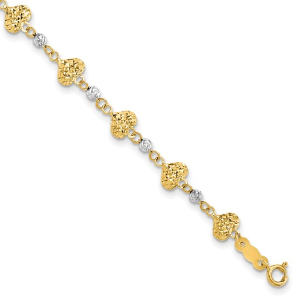 14K Women's Diamond-Cut Heart Link Bracelet in 14K Two-Tone Gold