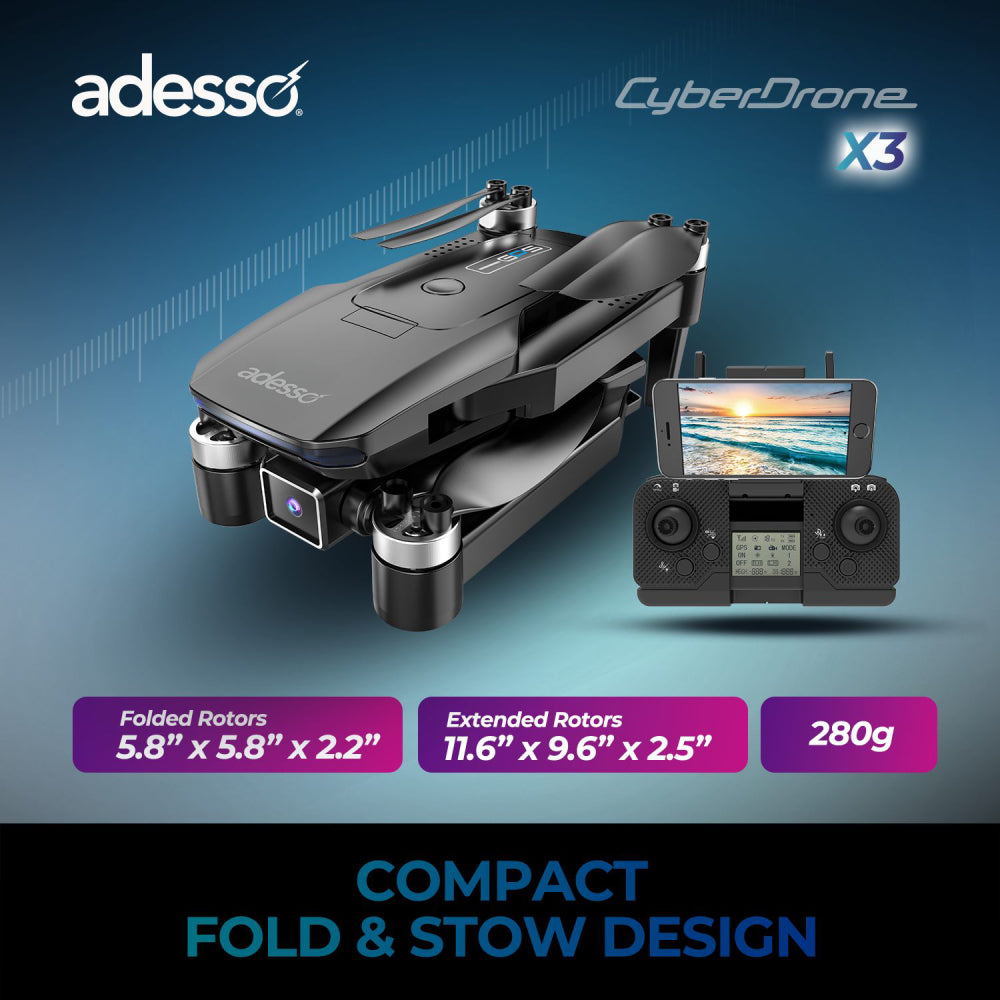 Adesso CyberDrone X3 2K FPV Camera Drone with Remote - Black