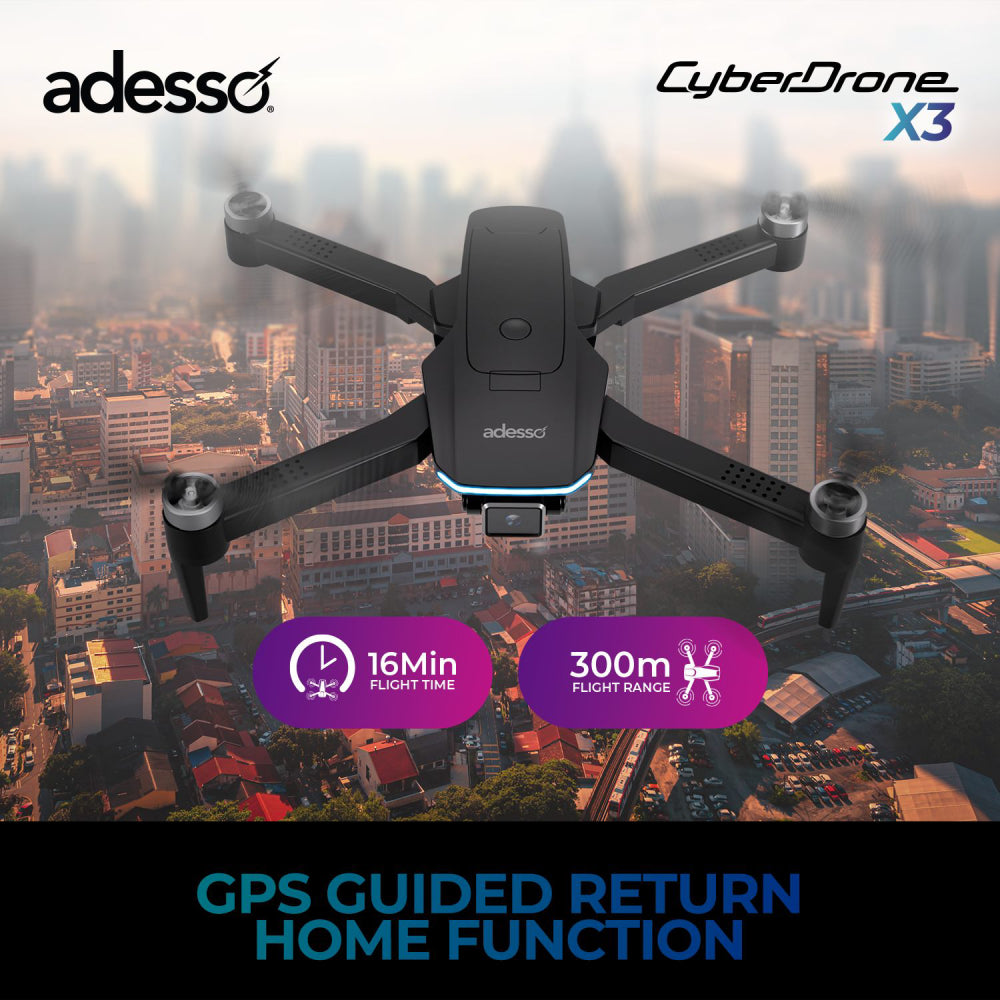 Adesso CyberDrone X3 2K FPV Camera Drone with Remote - Black