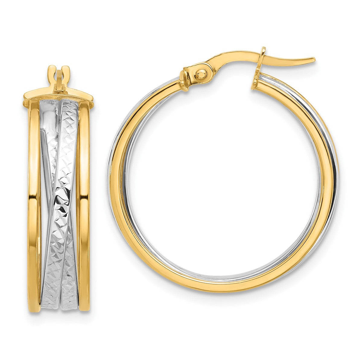 14K Leslie's Women's 6.5mm Diamond-Cut Hoop Earrings in Rhodium Plating-over 14K Yellow Gold