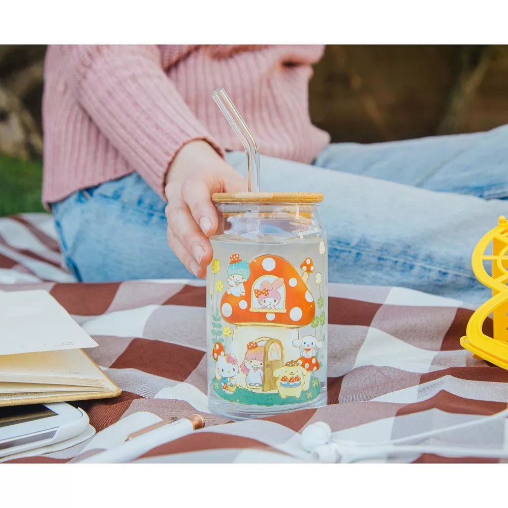 Sanrio Hello Kitty and Friends Mushroom 20 oz Glass Tumbler With Bamboo Lid and Straw - Multicolor